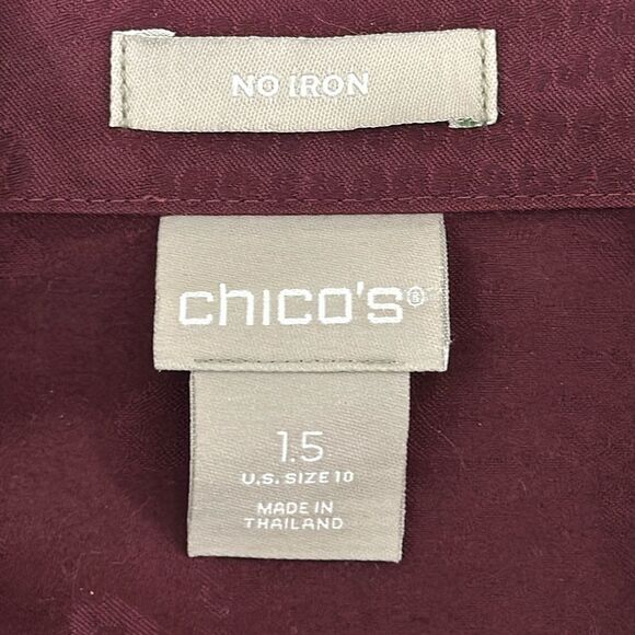Chico's No Iron Tunic Shirt Size 1.5 (10) Jacquard Burgundy Long Sleeve - Picture 9 of 12